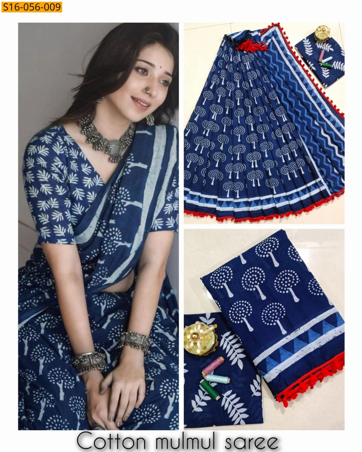 Navy blue Mulmul cotton printed sarees