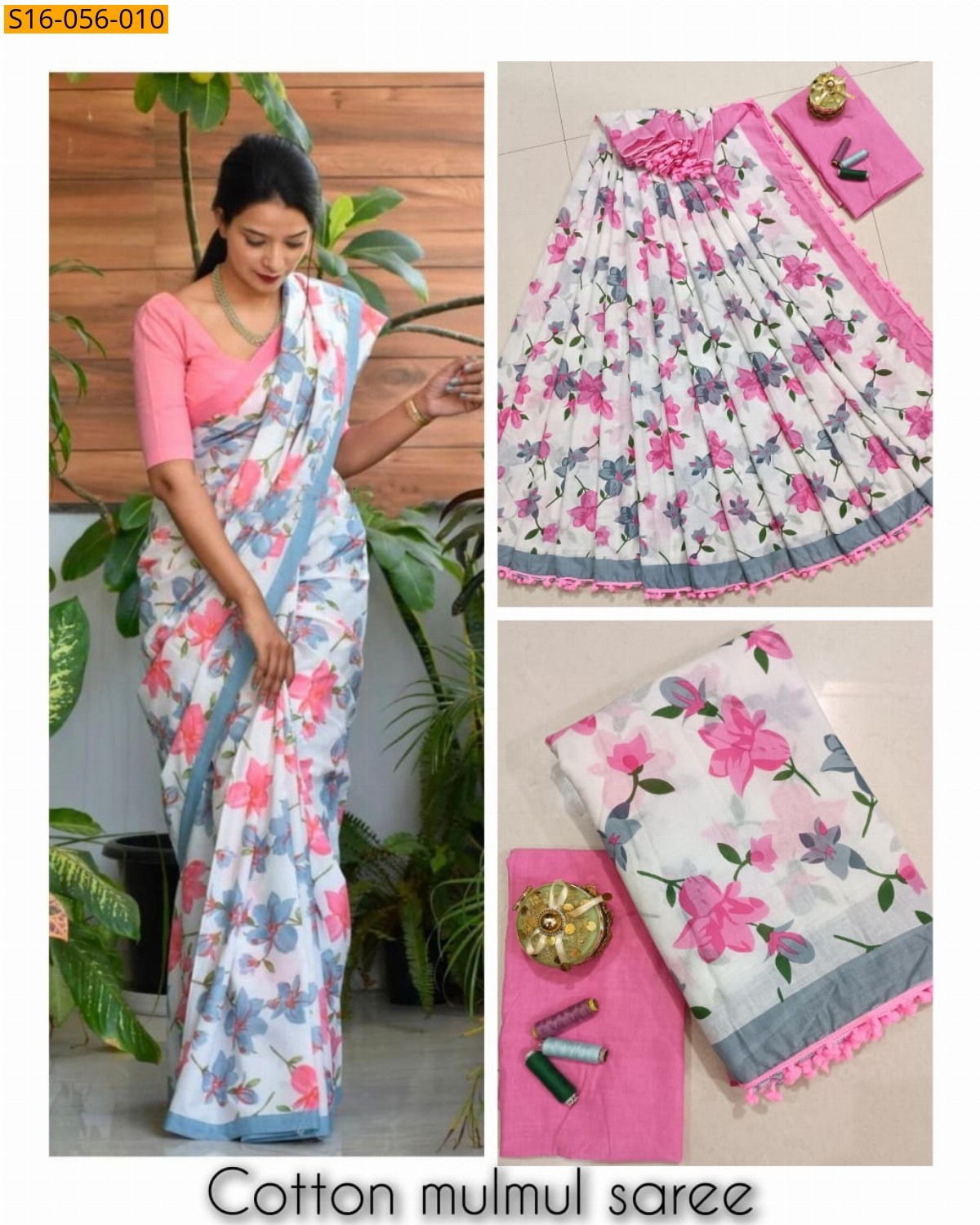 White Mulmul cotton printed sarees
