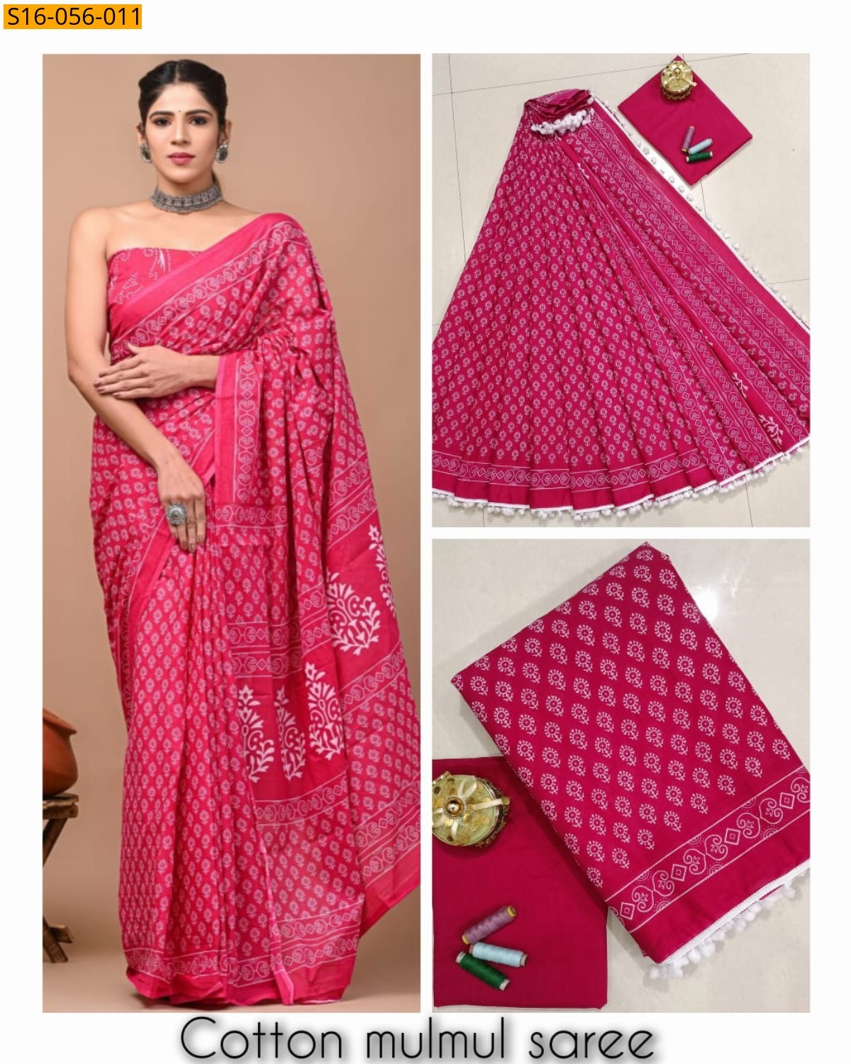 Pink Mulmul cotton printed sarees