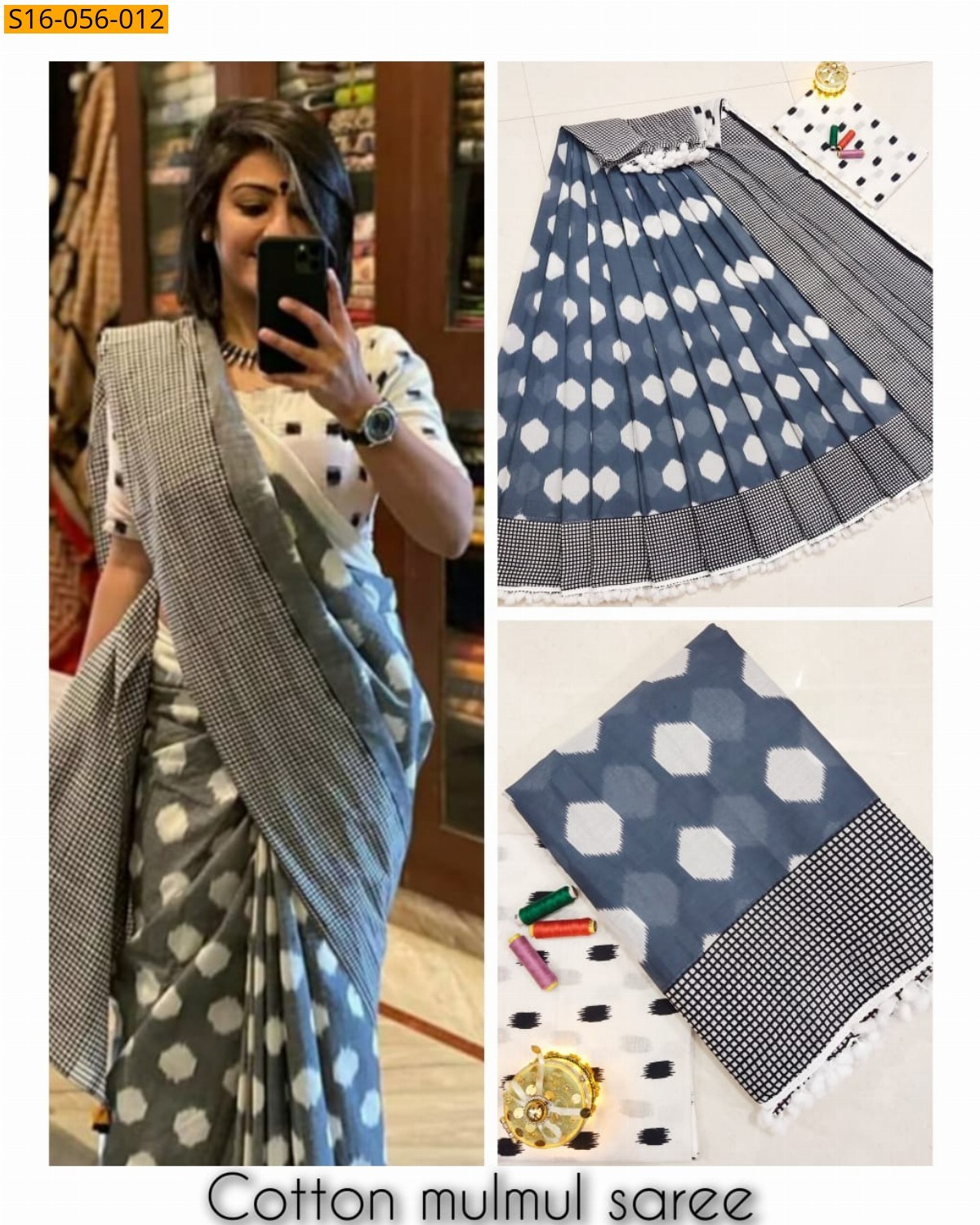 Gray Mulmul cotton printed sarees