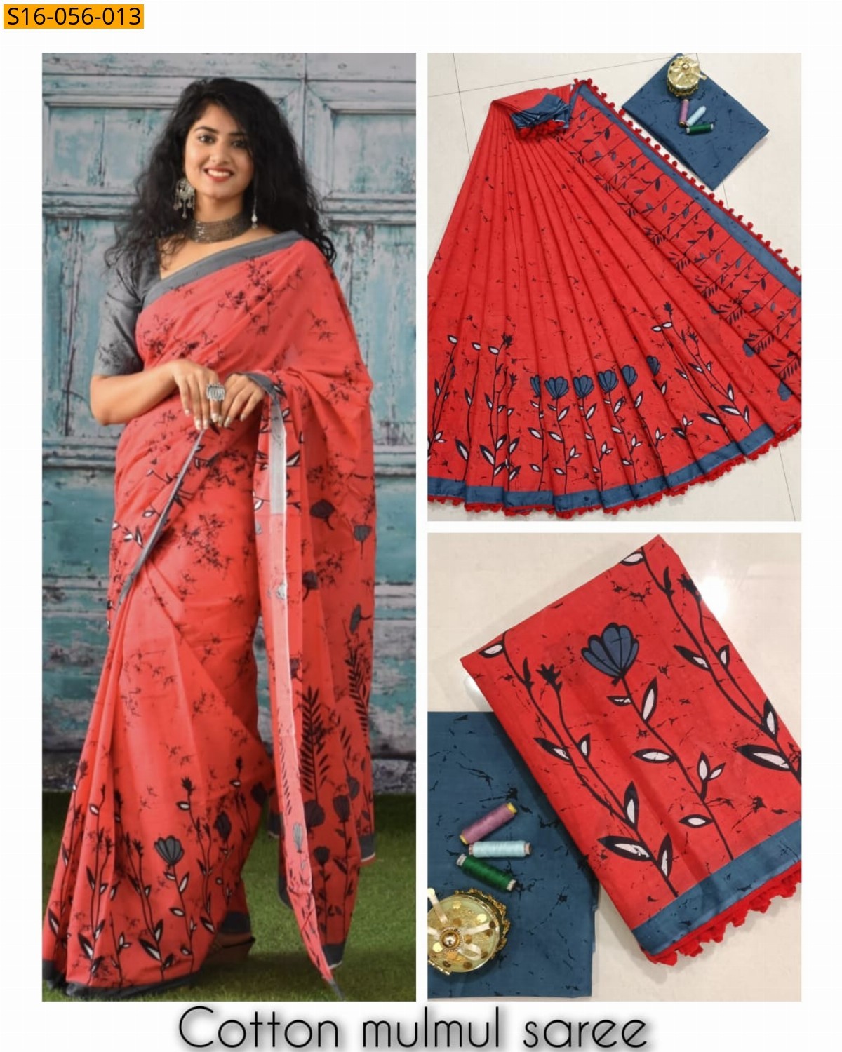 Red Mulmul cotton printed sarees