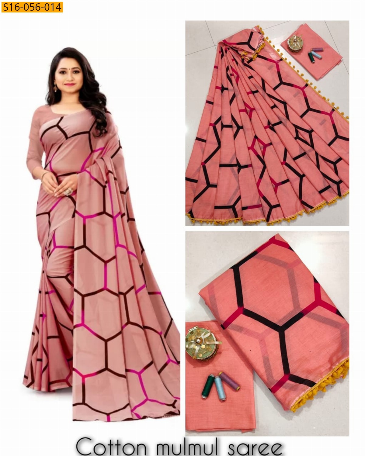 Peach Mulmul cotton printed sarees