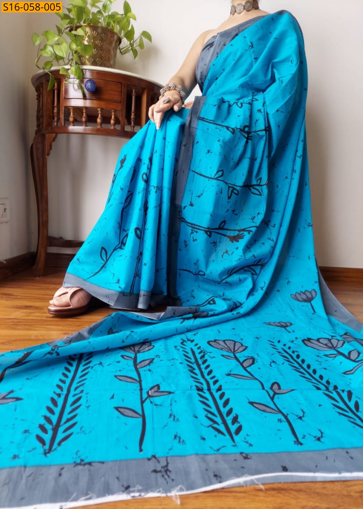 Sky blue Mulmul cotton printed sarees 