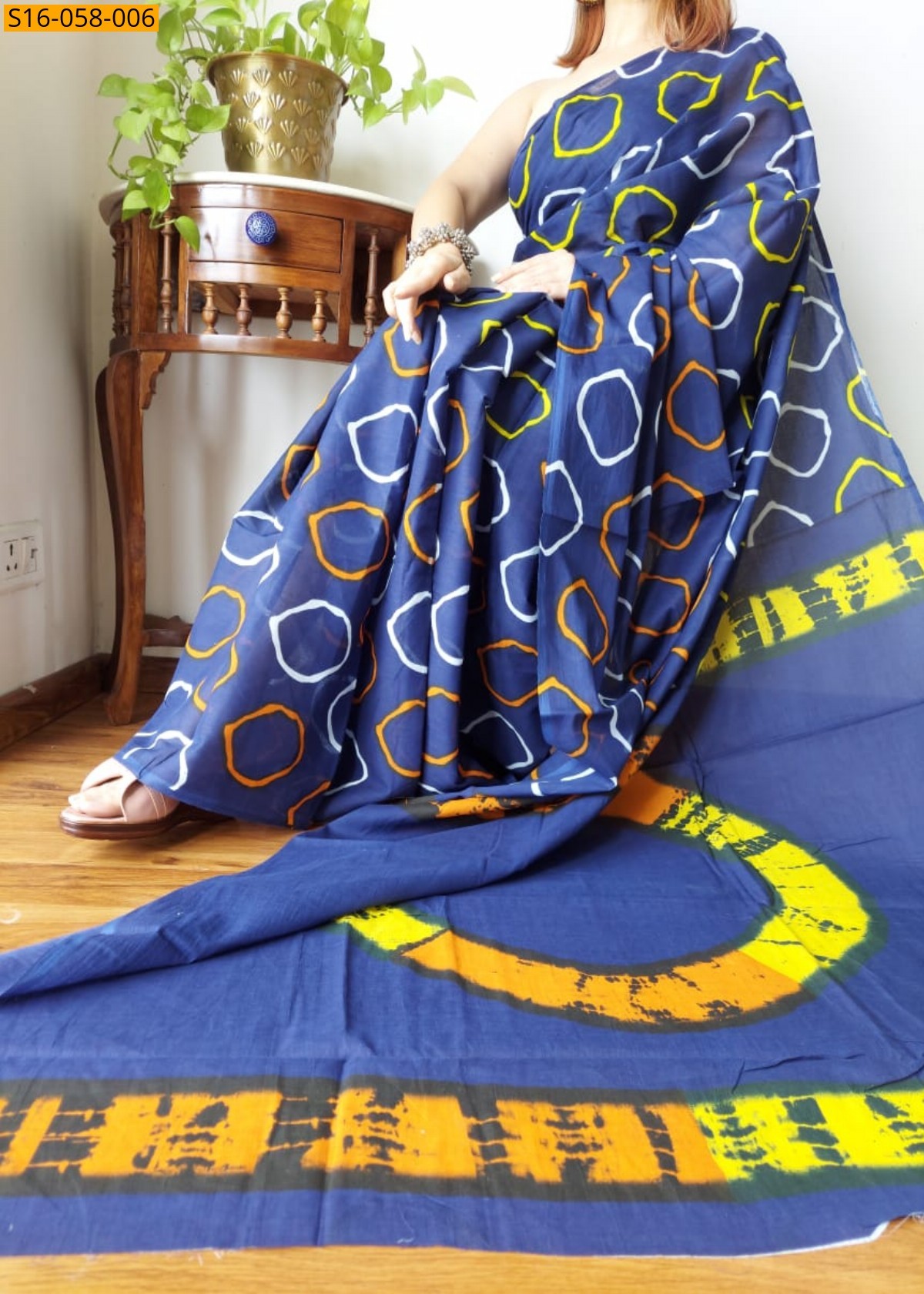 Royal blue Mulmul cotton printed sarees 