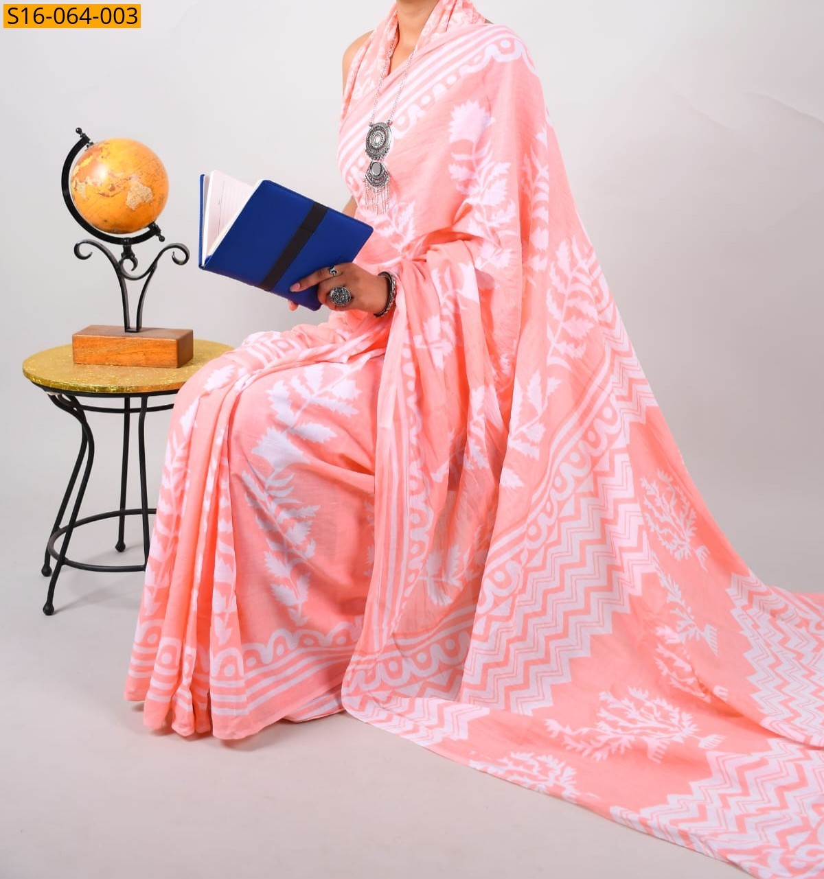 Peach Mulmul cotton printed sarees