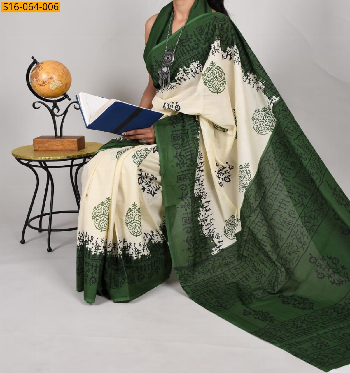 Half white Mulmul cotton printed sarees