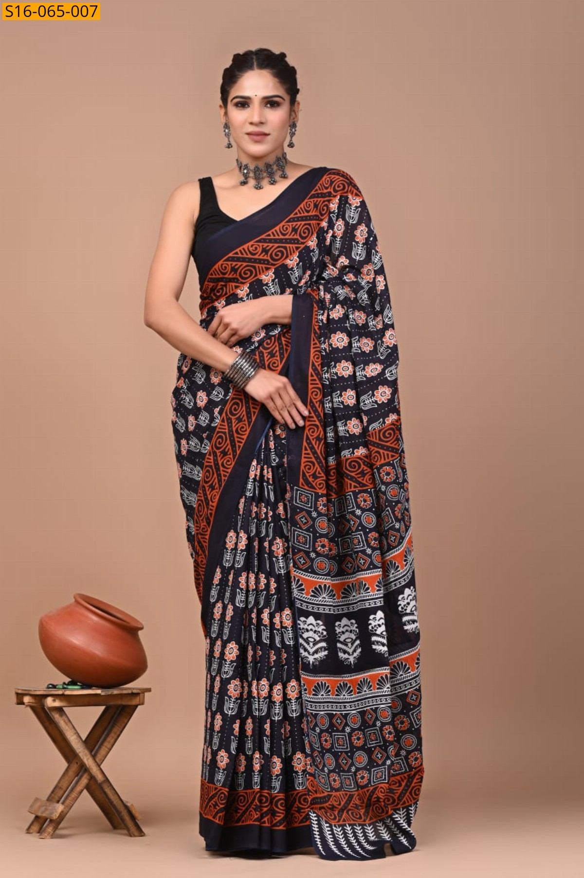 Black Cotton mulmul Saree