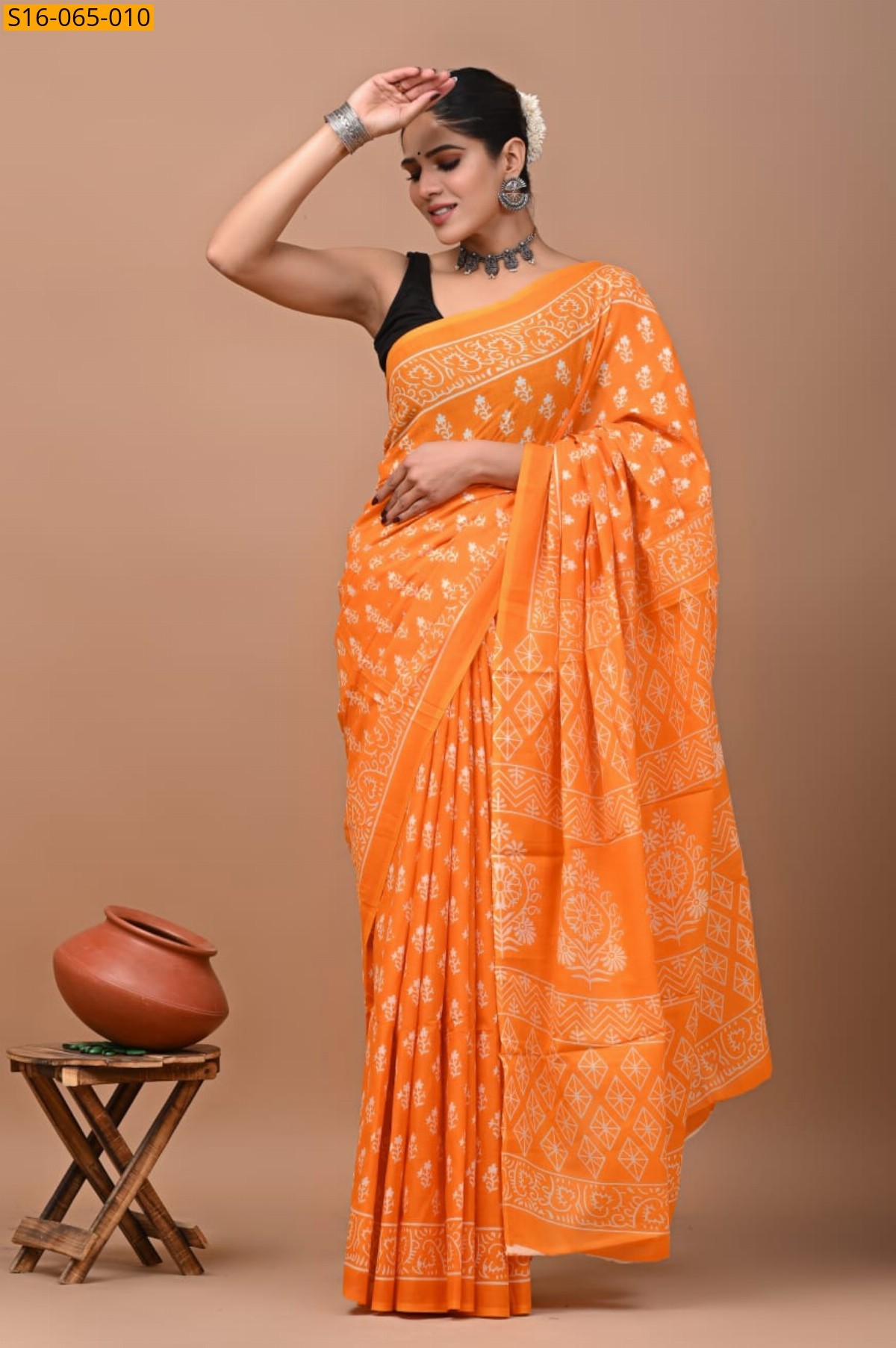 Orange Cotton mulmul Saree