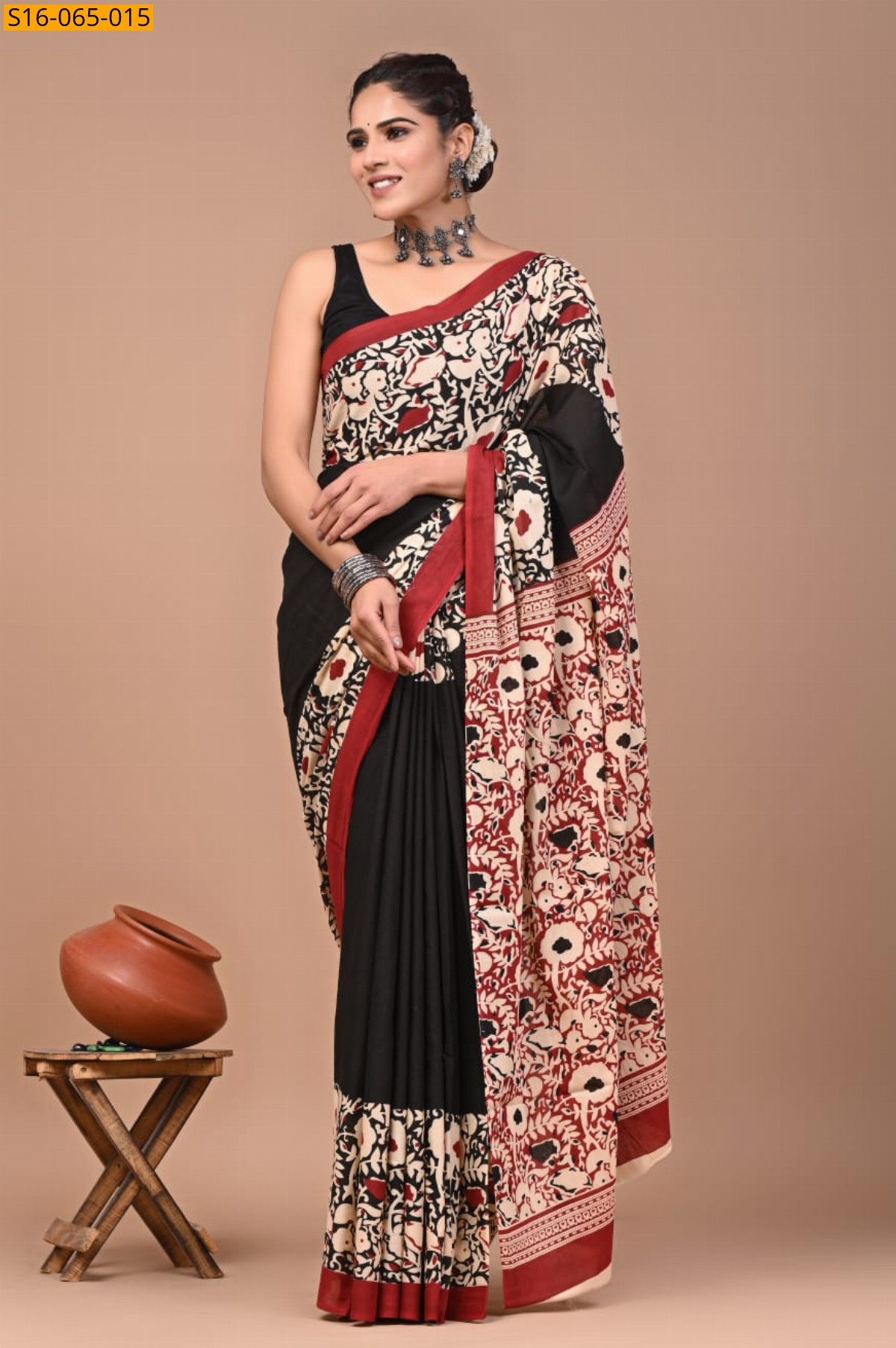 Black Cotton mulmul Saree