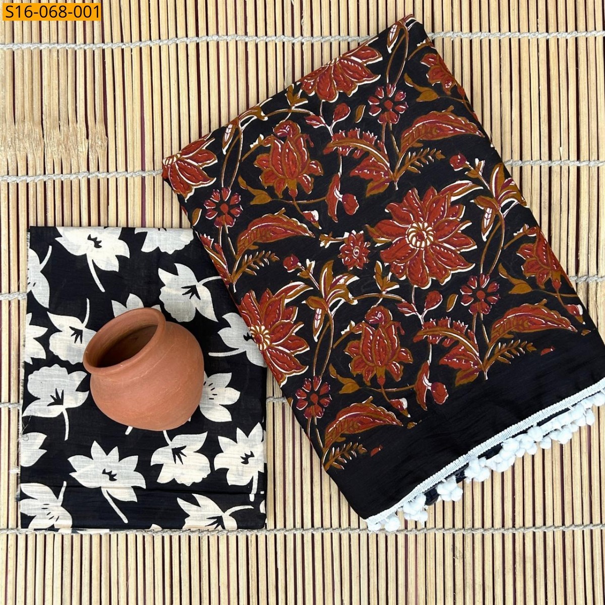 Black Mulmul cotton printed sarees