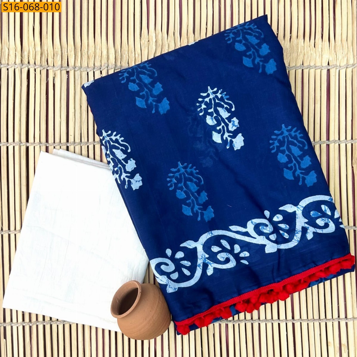Navy blue Mulmul cotton printed sarees