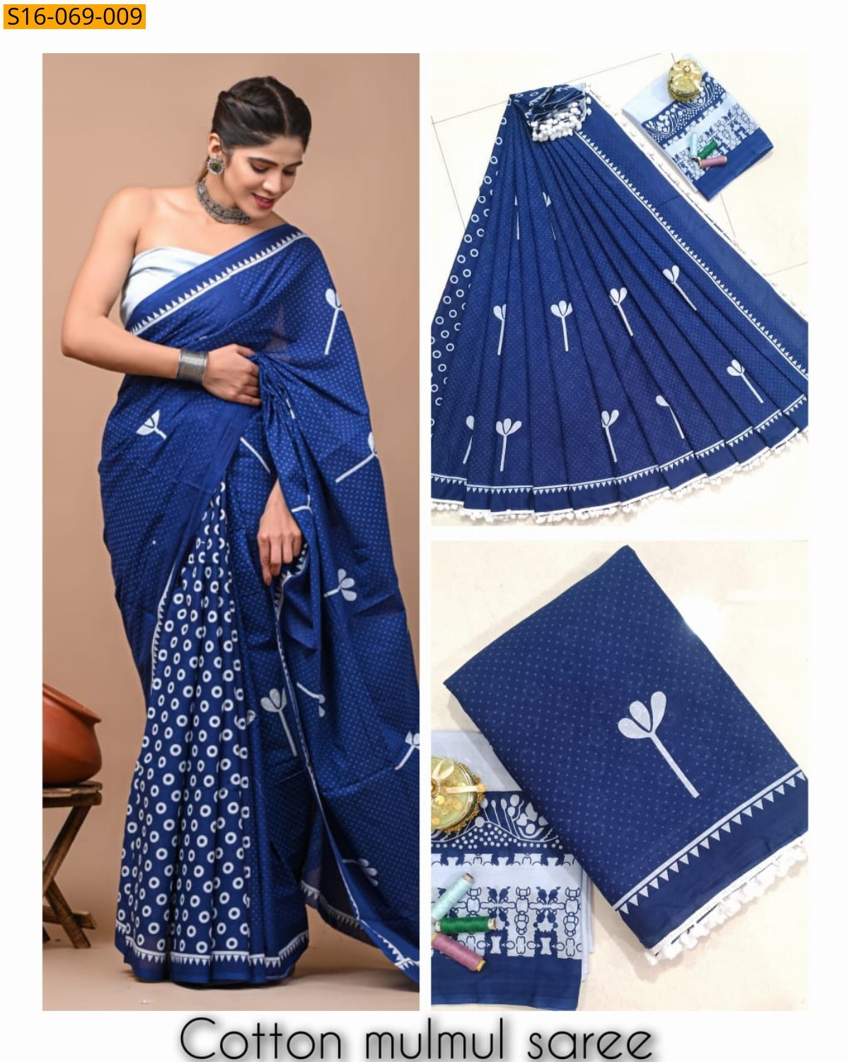 Navy Blue Mulmul cotton  sarees