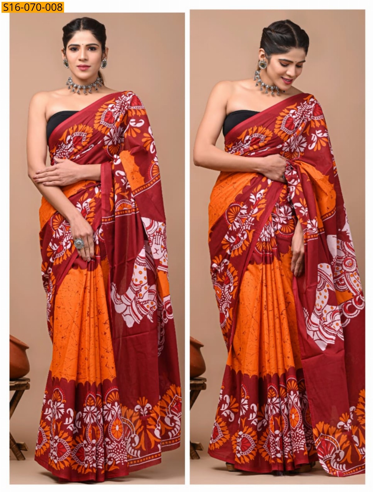 Orange Mulmul cotton  sarees