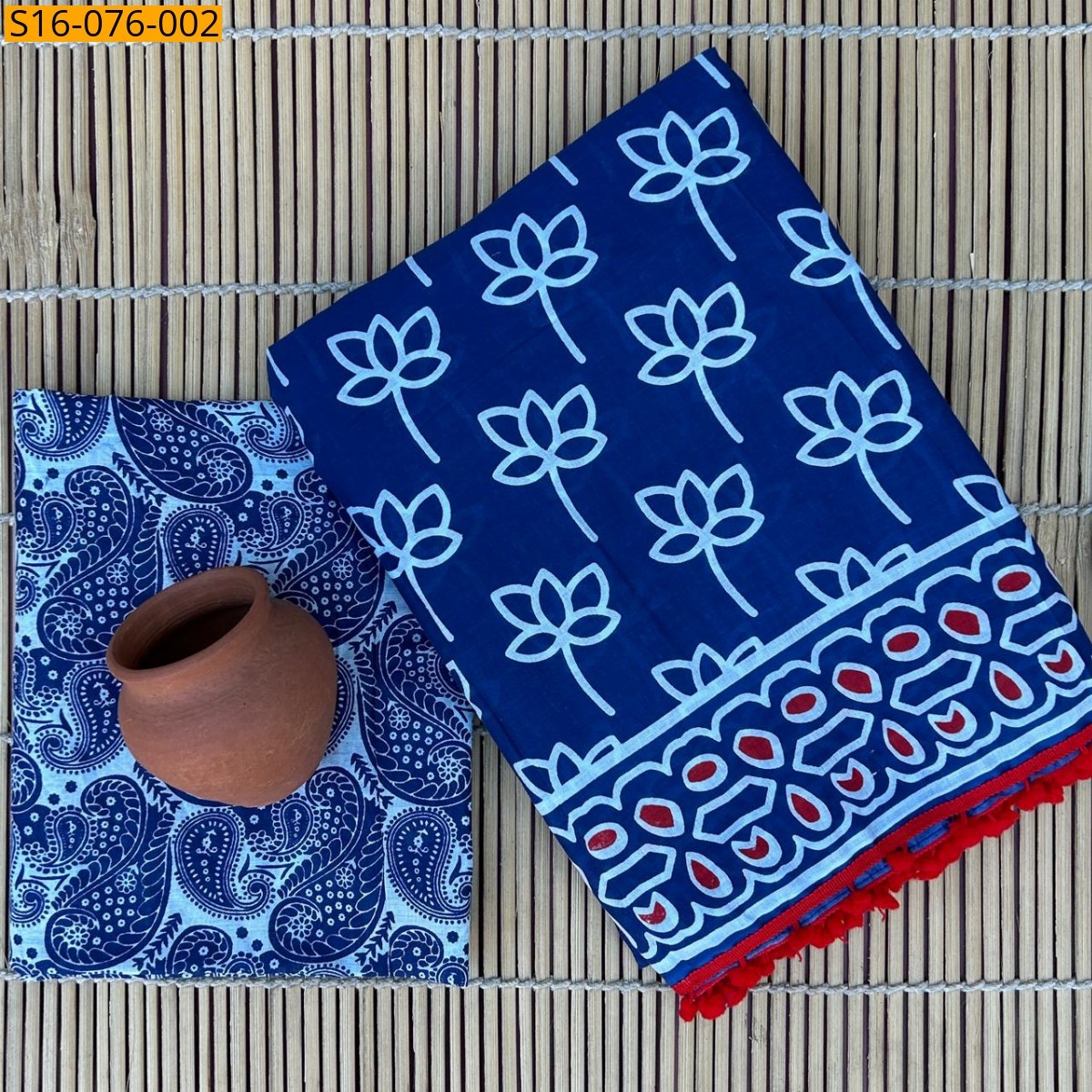 Blue Mulmul cotton  sarees With Pompom