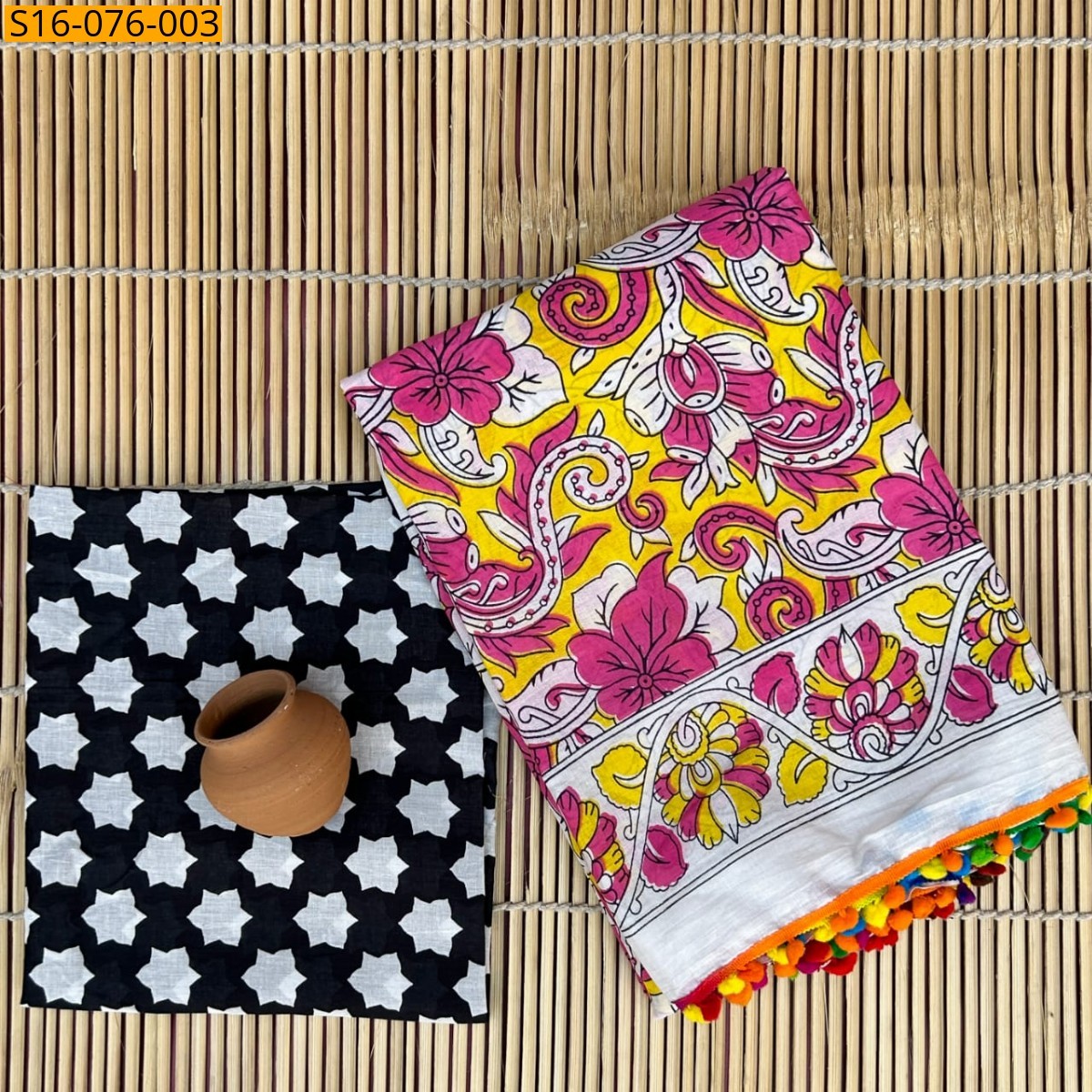 Yellow Mulmul cotton  sarees With Pompom