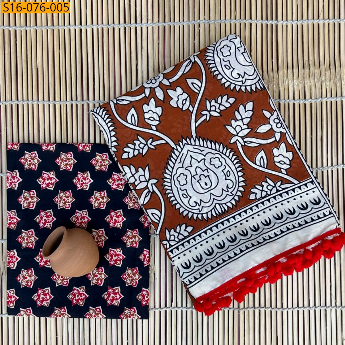 Brown Mulmul cotton  sarees With Pompom