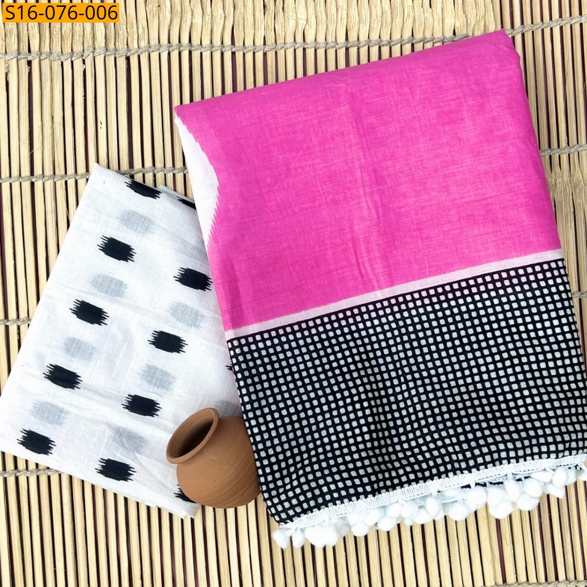Pink Mulmul cotton  sarees With Pompom