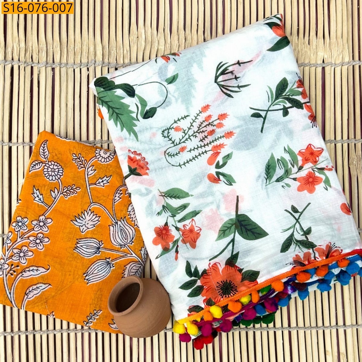 White Mulmul cotton  sarees With Pompom