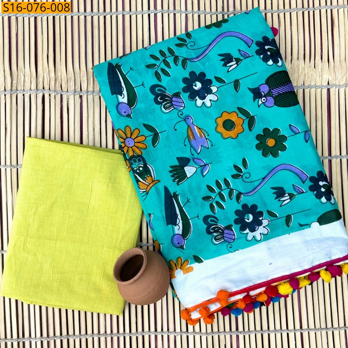 Rama green Mulmul cotton  sarees With Pompom