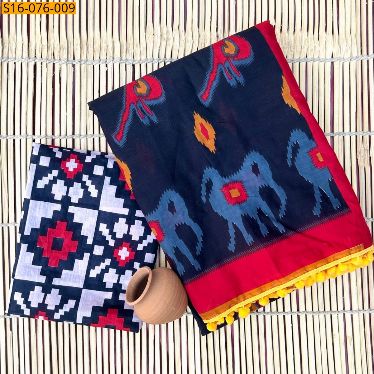 Navy blue Mulmul cotton  sarees With Pompom