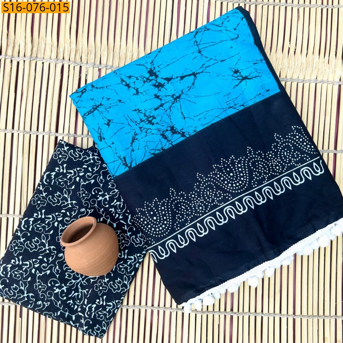 Blue Mulmul cotton  sarees With Pompom
