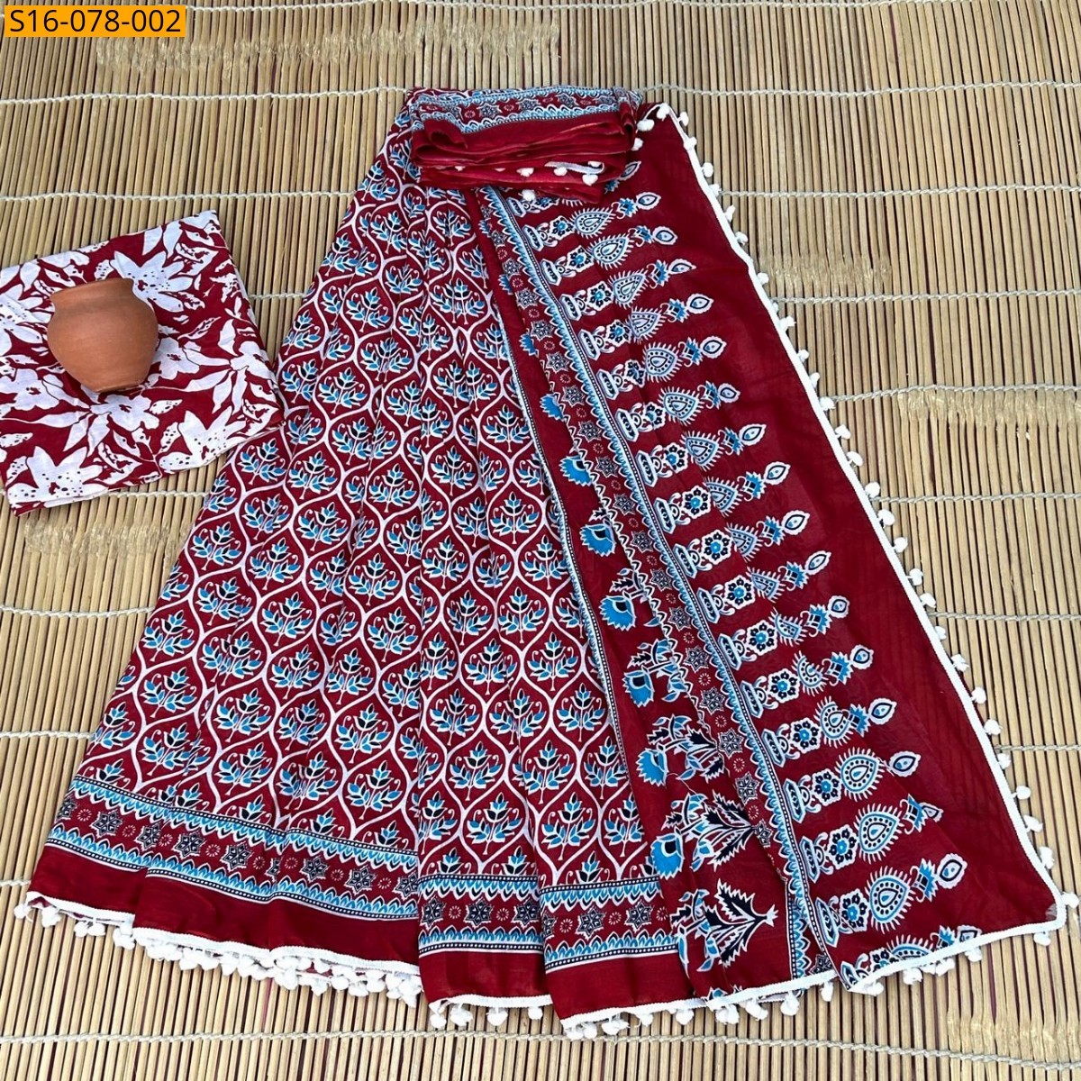 Maroon Mulmul cotton  sarees With Pompom