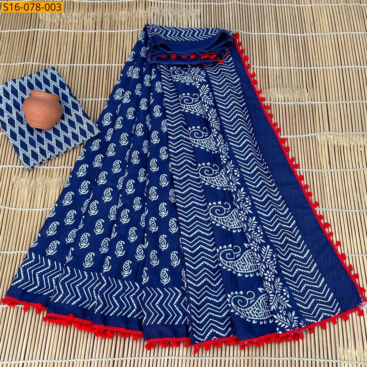 Blue Mulmul cotton  sarees With Pompom