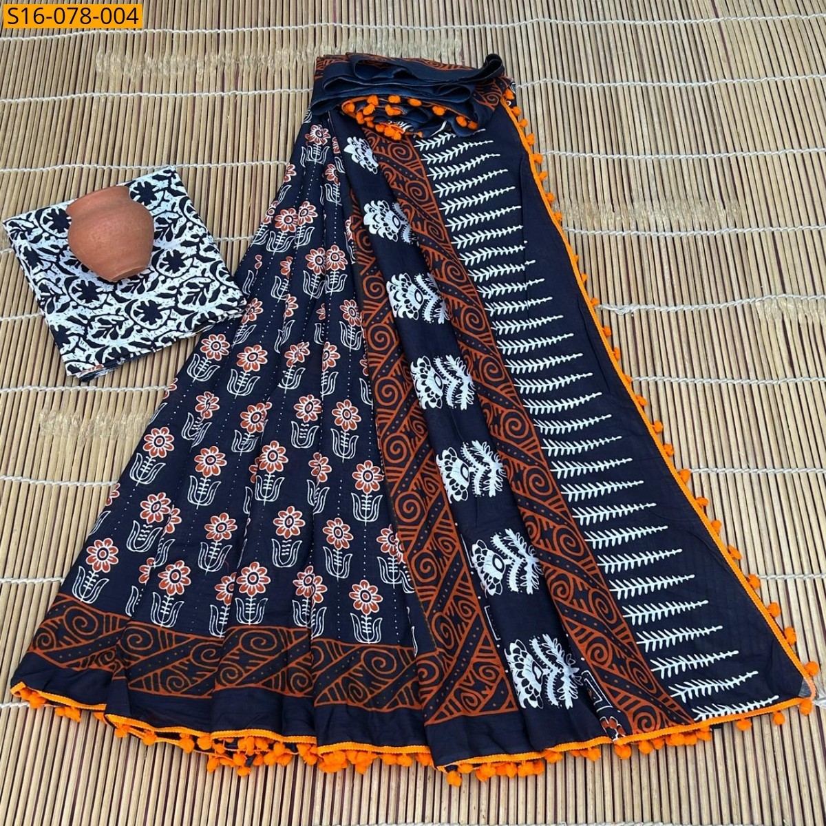 Navy blue Mulmul cotton  sarees With Pompom