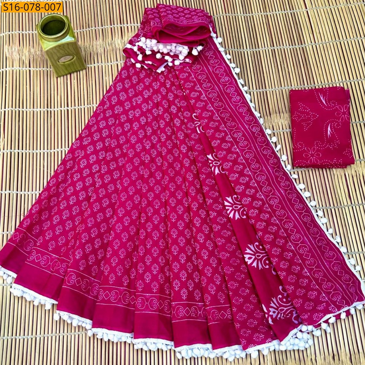 Pink Mulmul cotton  sarees With Pompom