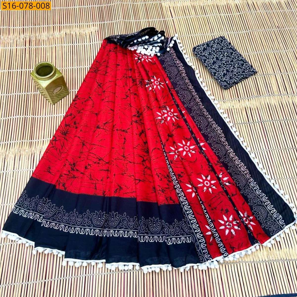 Dark green Mulmul cotton  sarees With Pompom