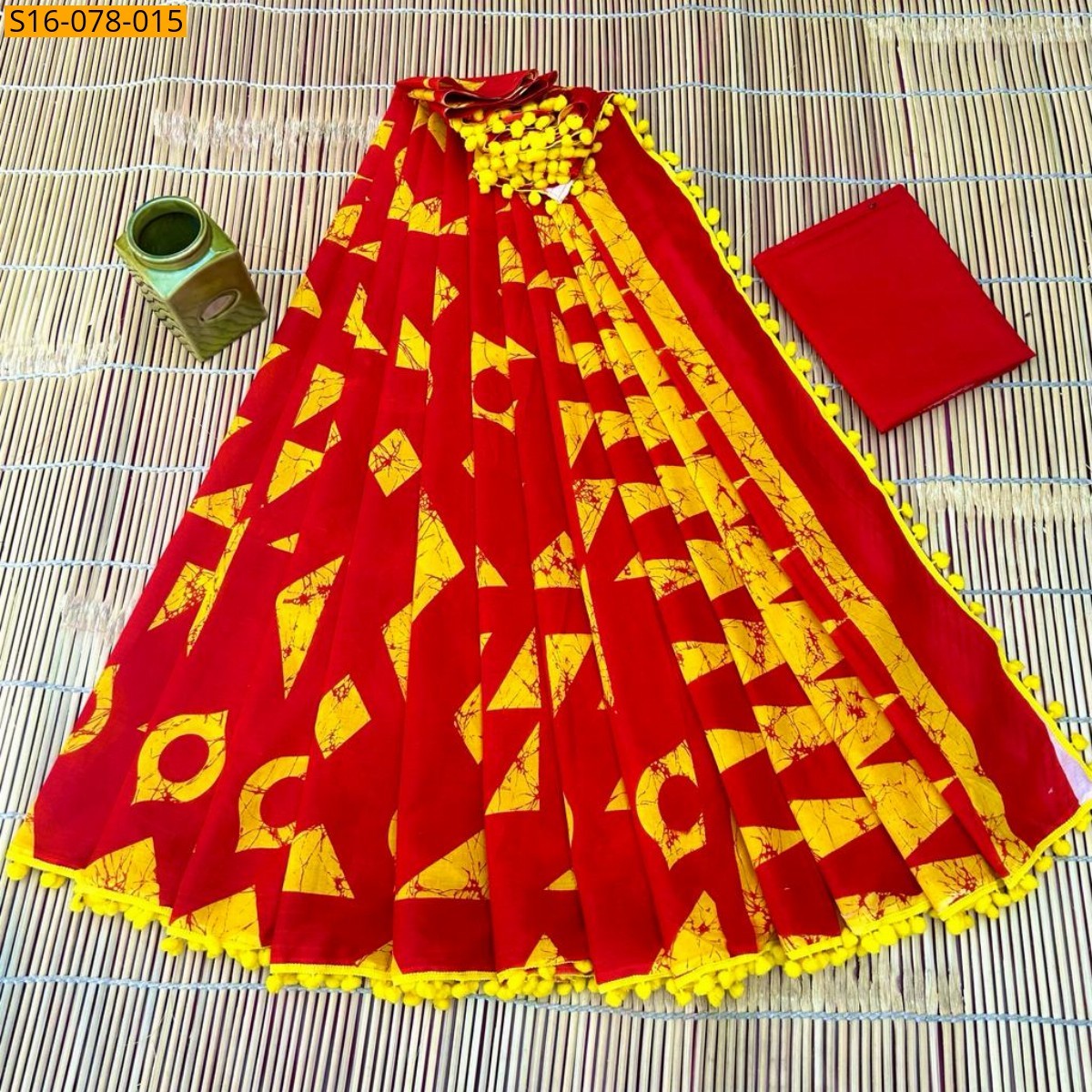 Red Mulmul cotton  sarees With Pompom