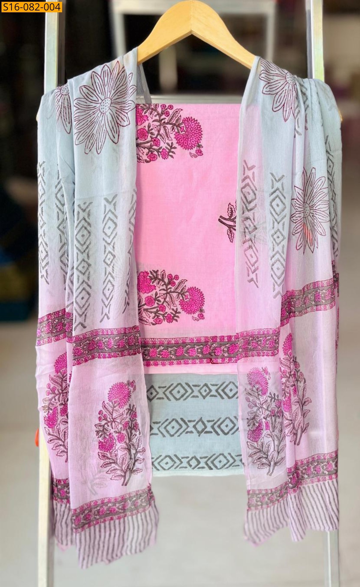 Baby pink Hand block printed cotton suit set
