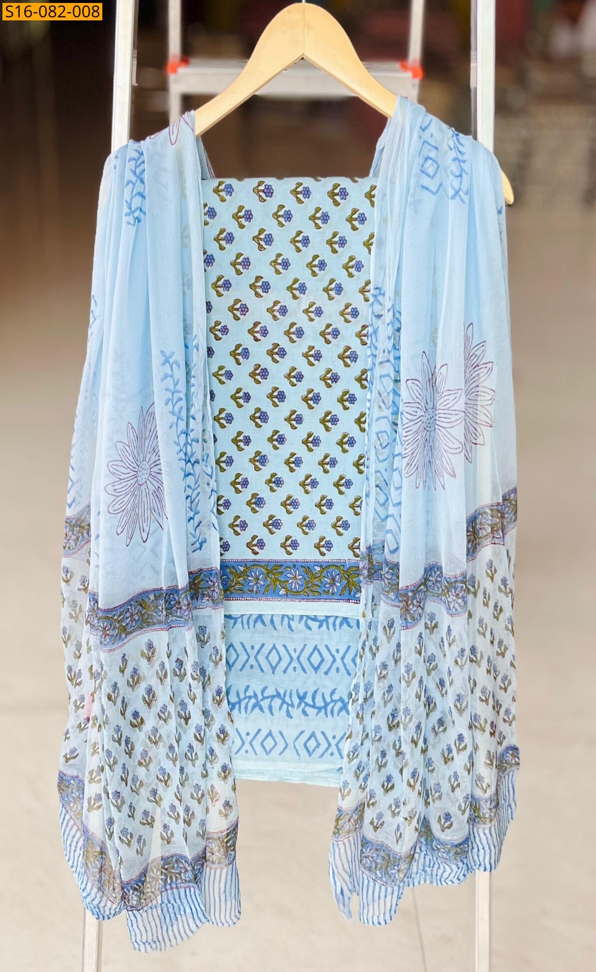 Pista green Hand block printed cotton suit set