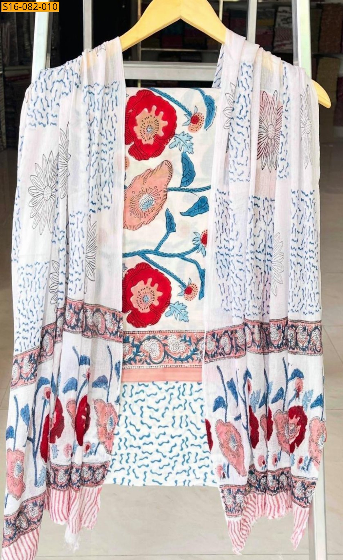 White Hand block printed cotton suit set