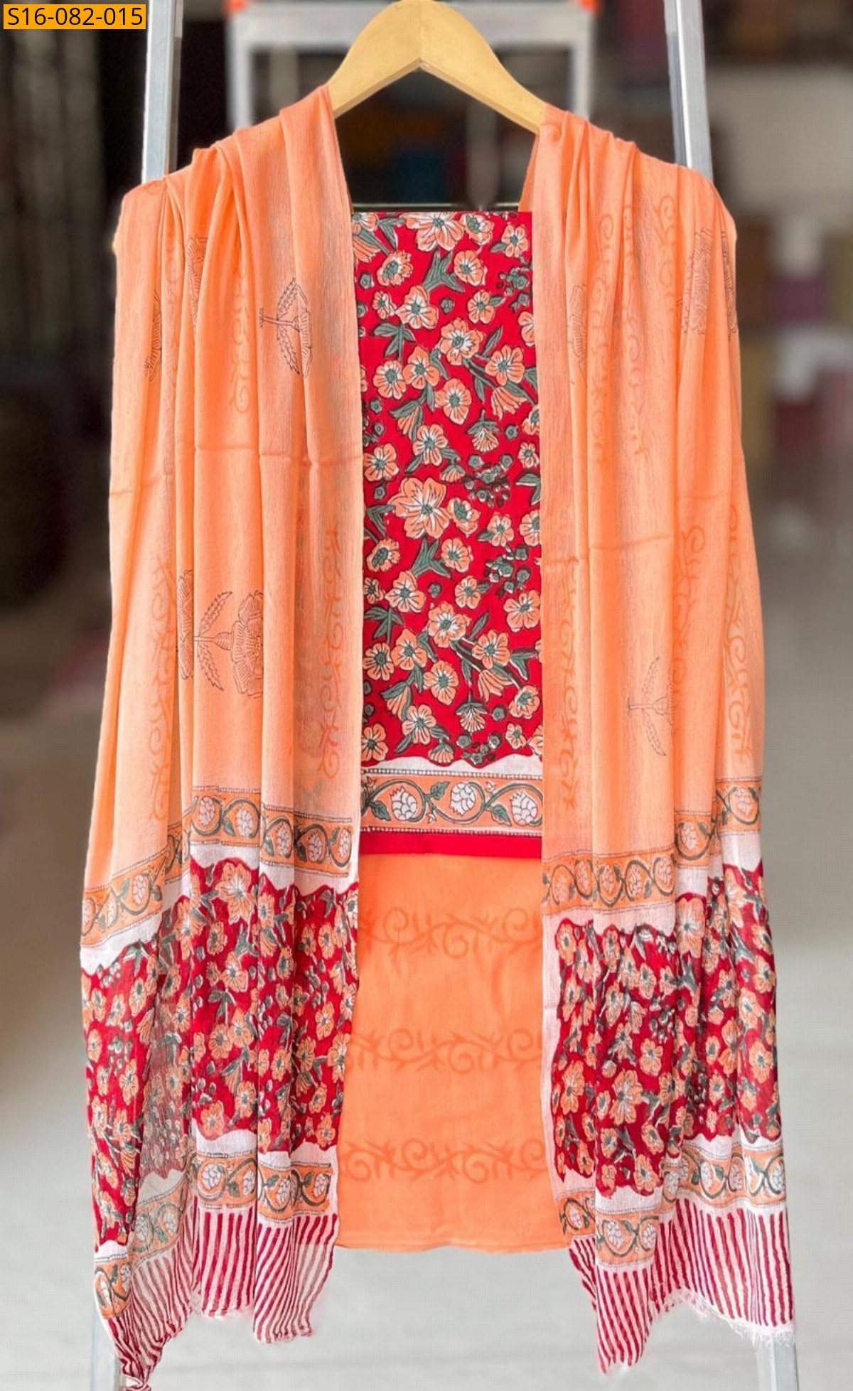 Red Hand block printed cotton suit set