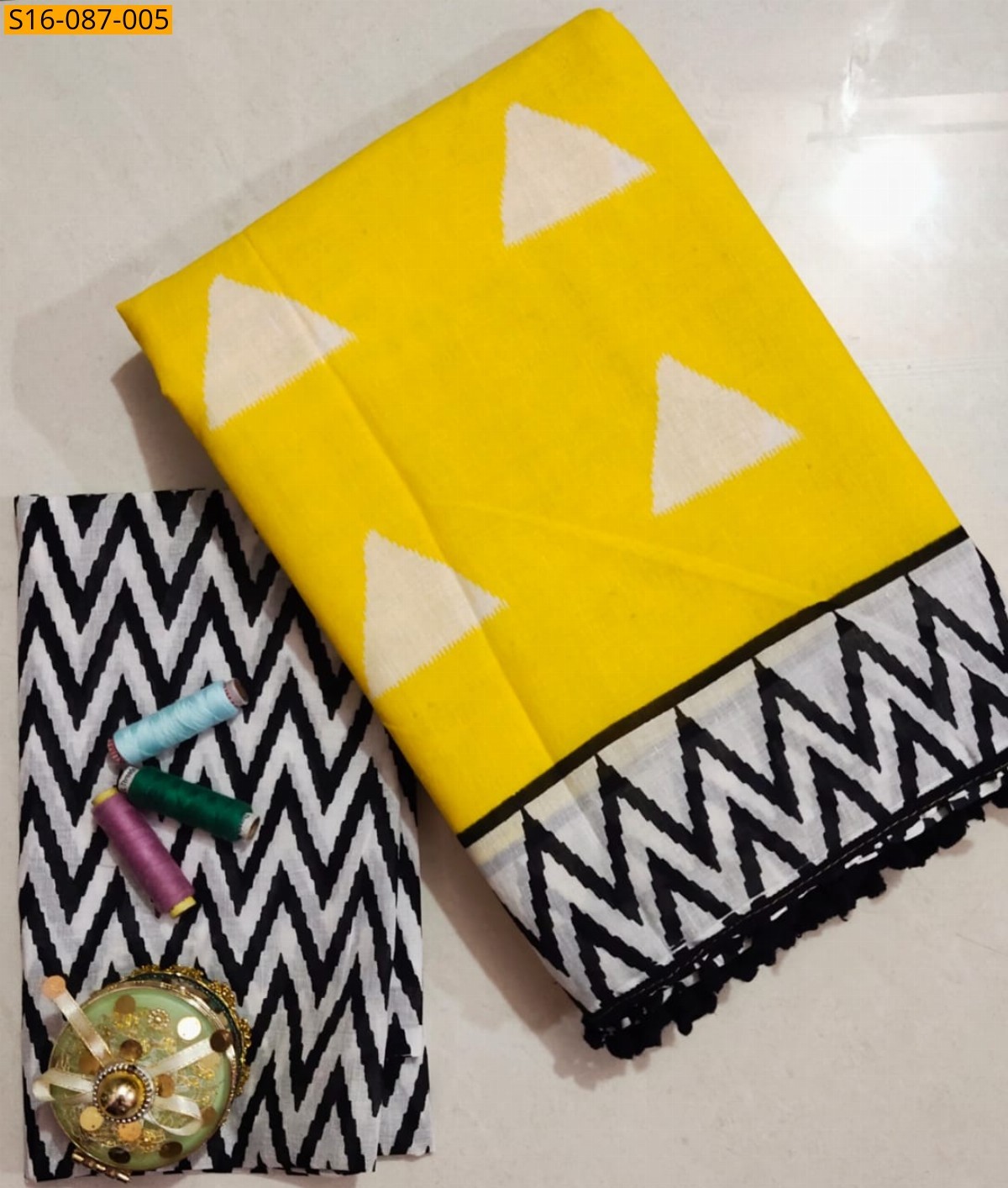 Yellow Mulmul cotton  sarees With Pompom