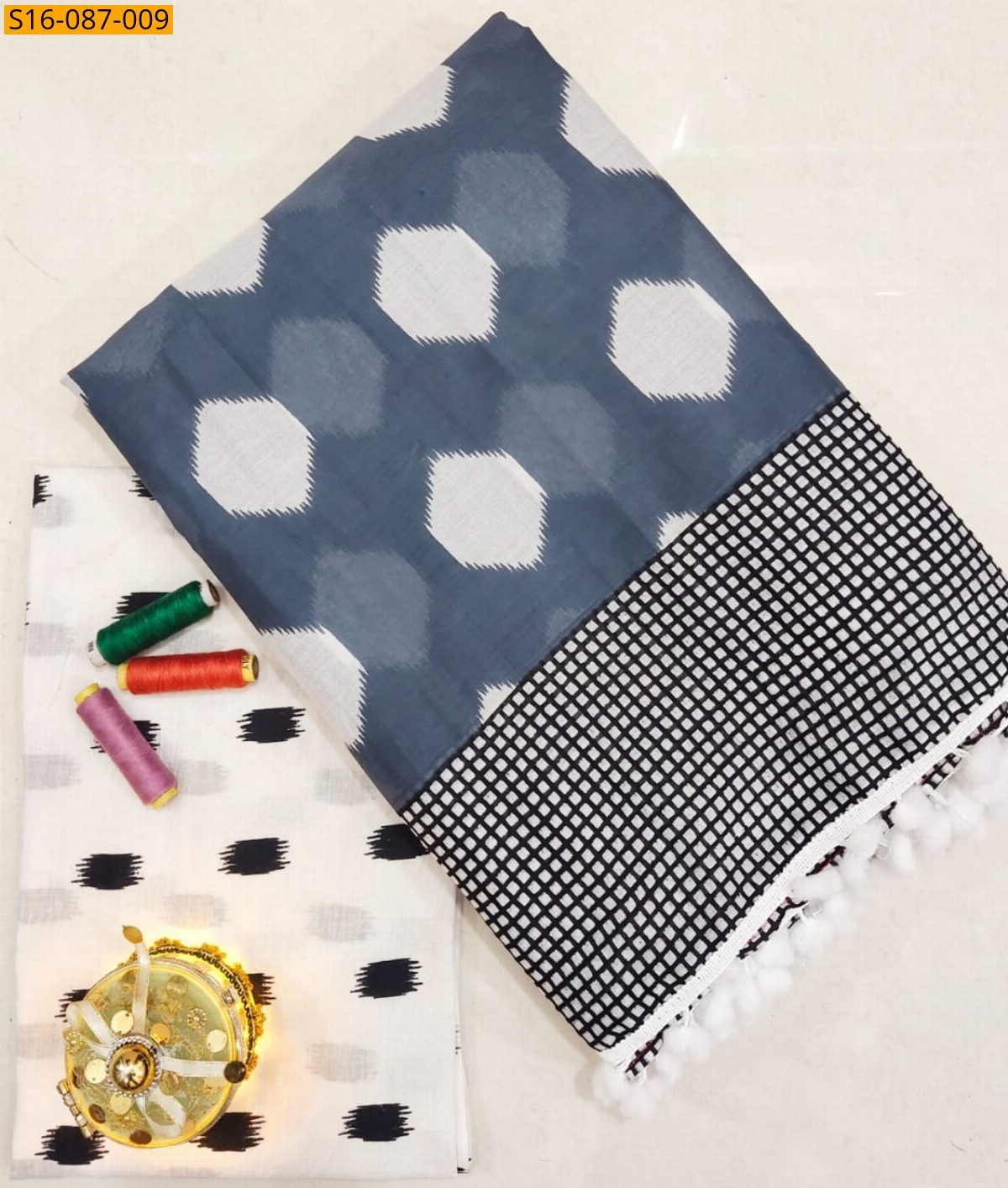 Gray Mulmul cotton  sarees With Pompom