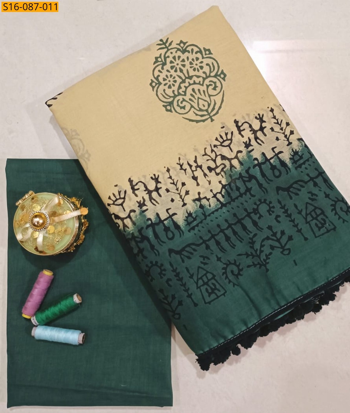 Sandal Mulmul cotton  sarees With Pompom