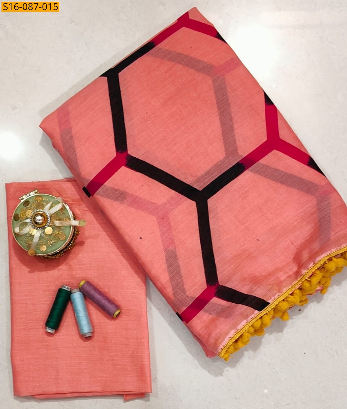 Light orange Mulmul cotton  sarees With Pompom