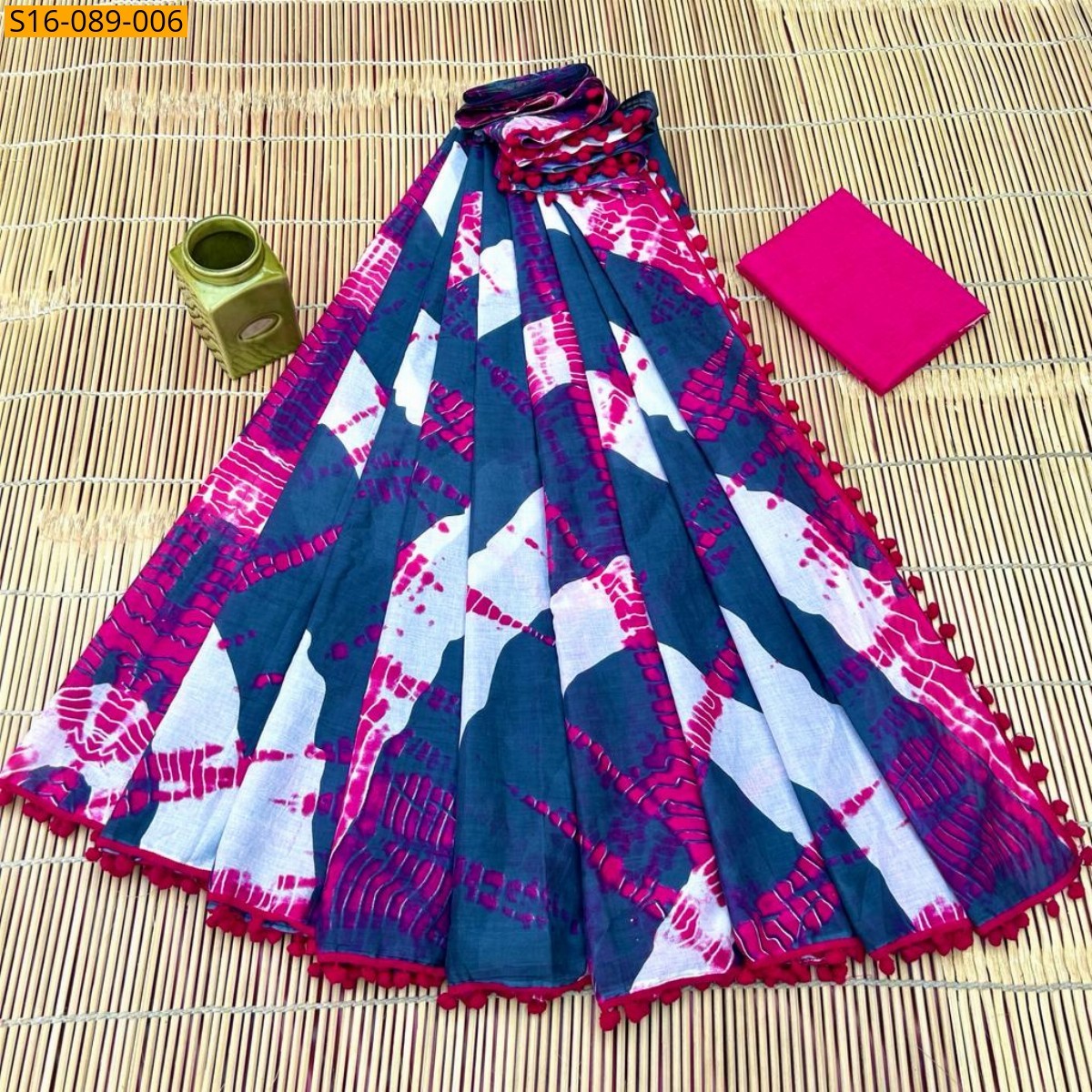 Navy blue Mulmul cotton  sarees With Pompom