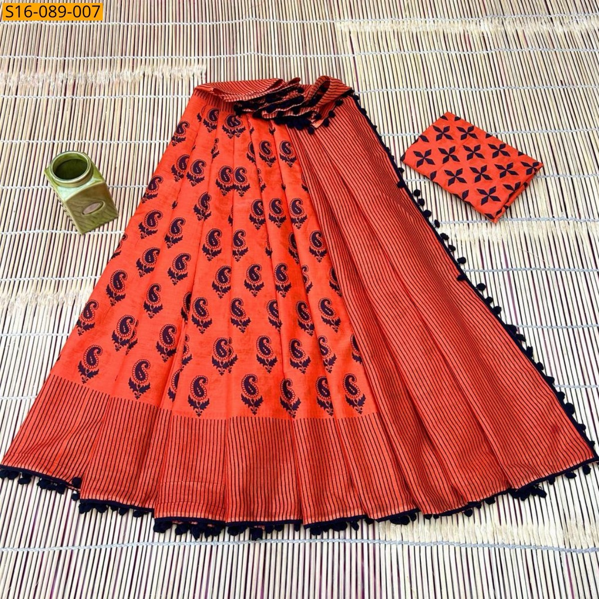 Orange Mulmul cotton  sarees With Pompom
