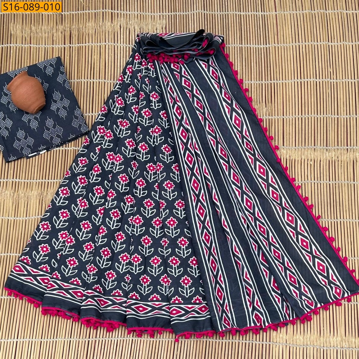 Black Mulmul cotton  sarees With Pompom