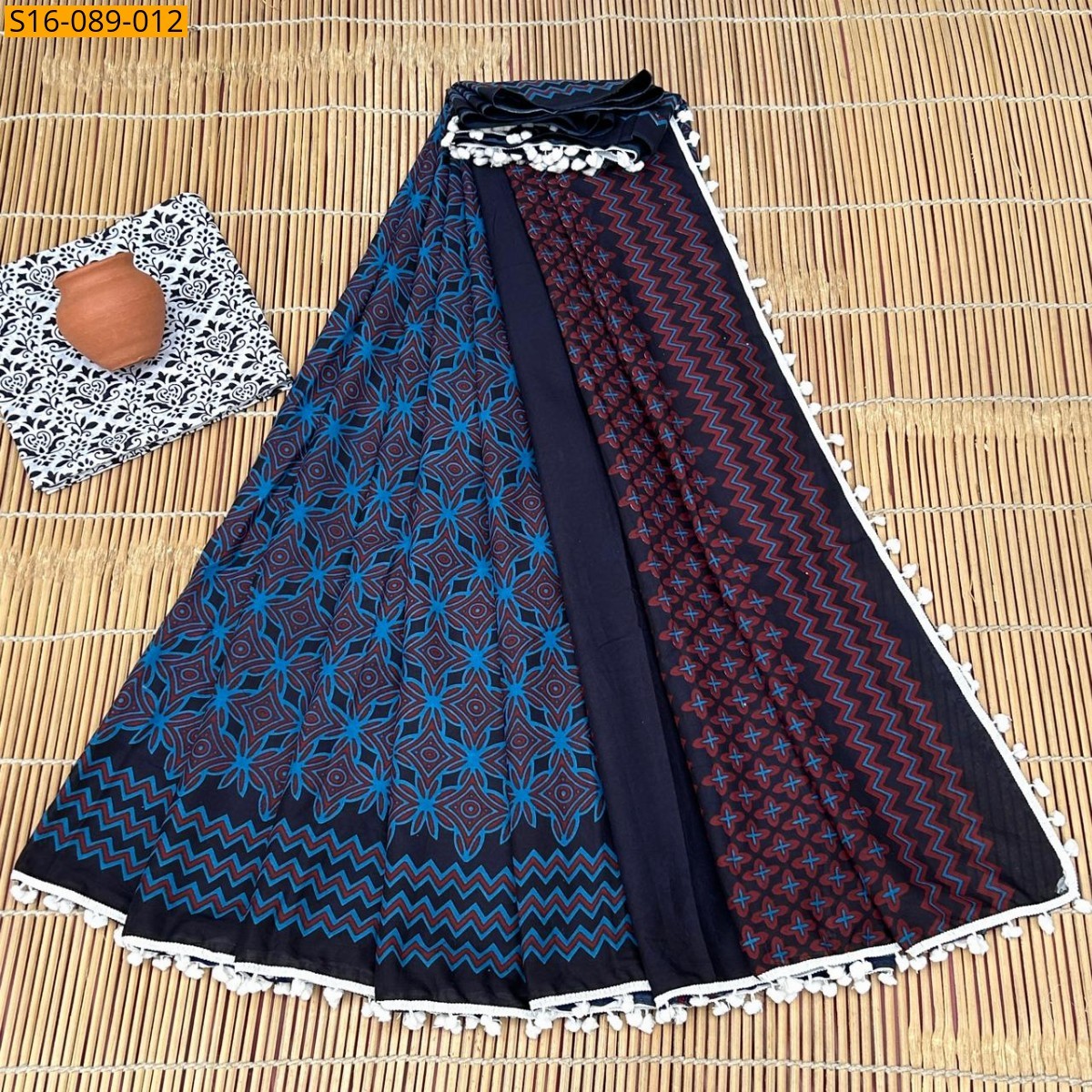 Black Mulmul cotton  sarees With Pompom