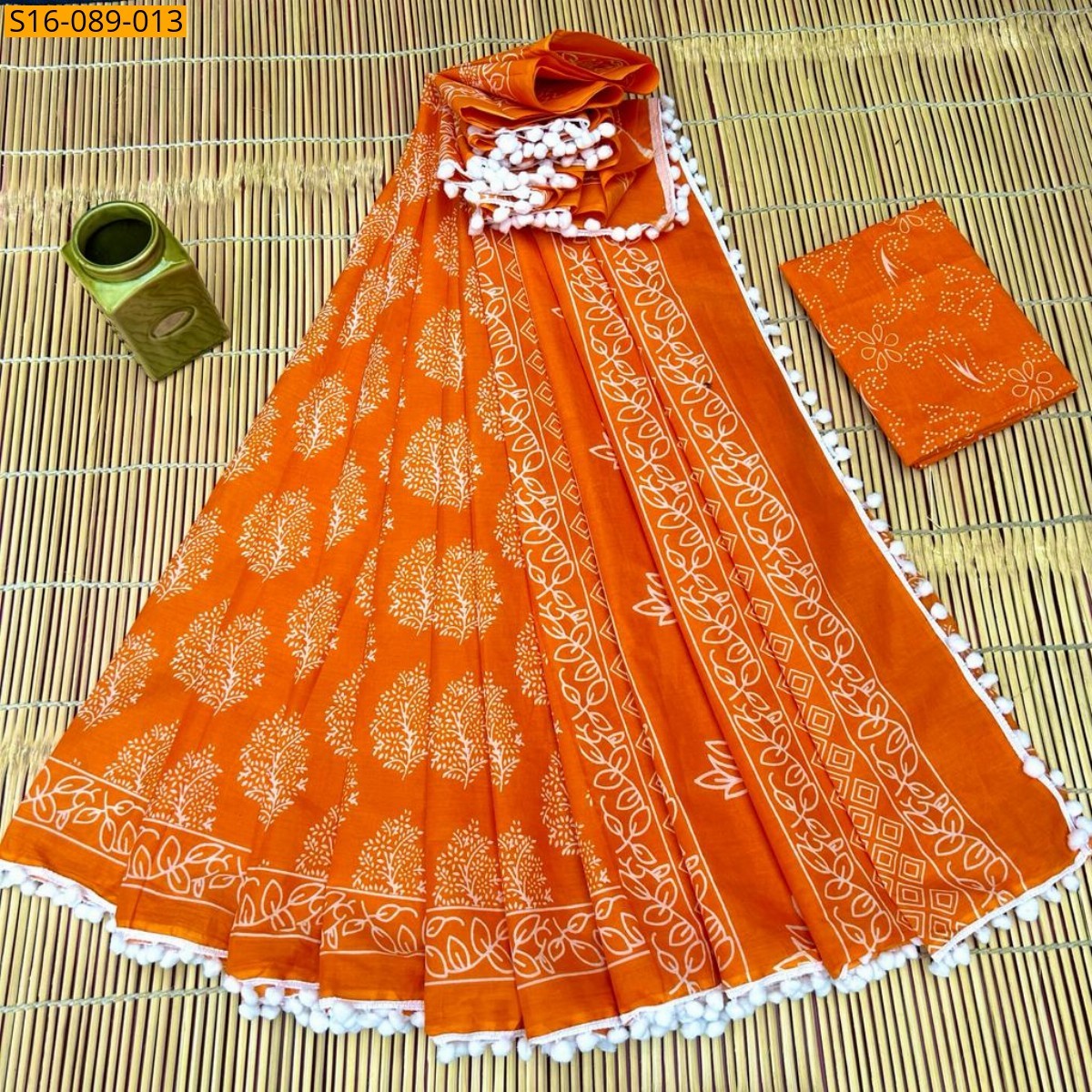 Orange Mulmul cotton  sarees With Pompom