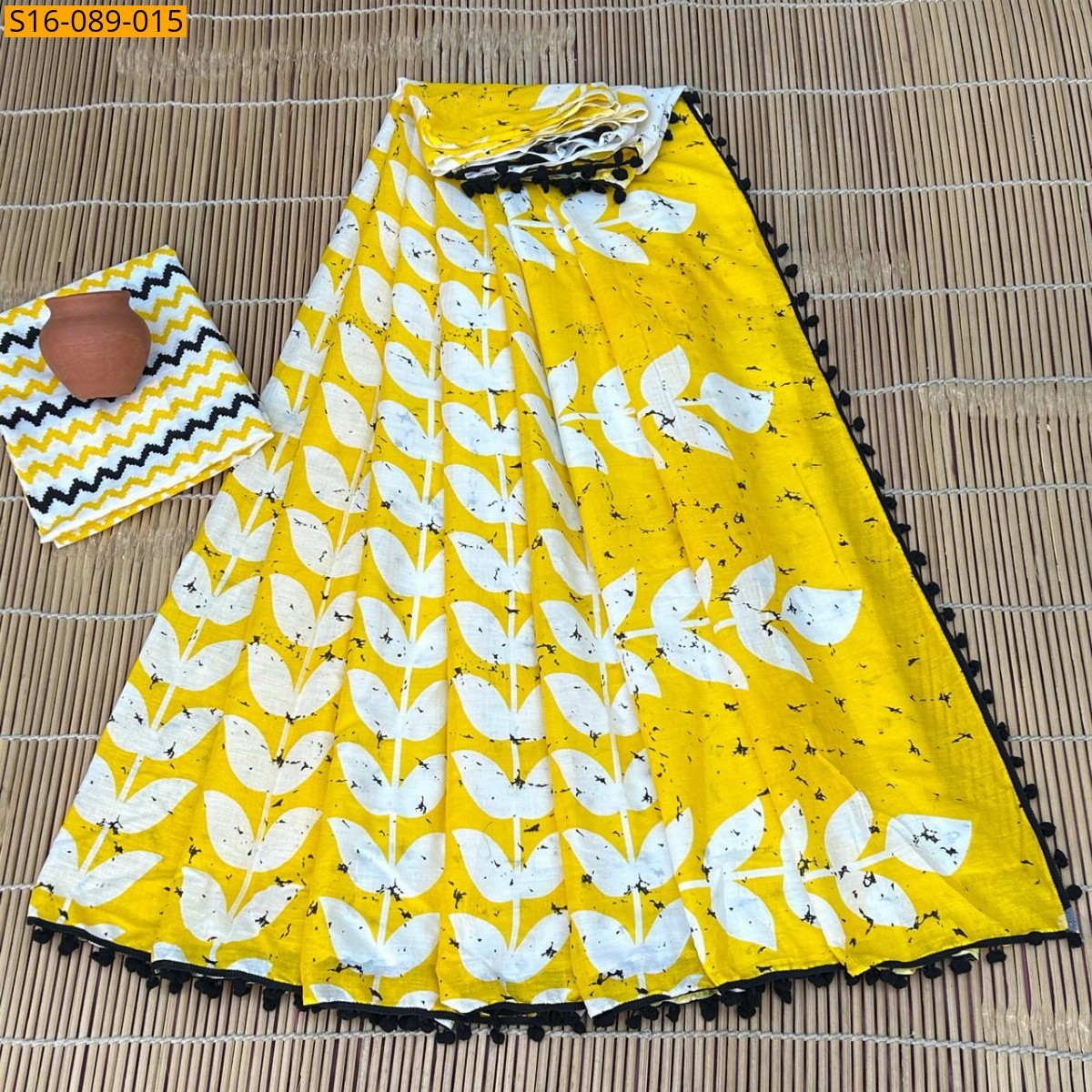 Yellow Mulmul cotton  sarees With Pompom