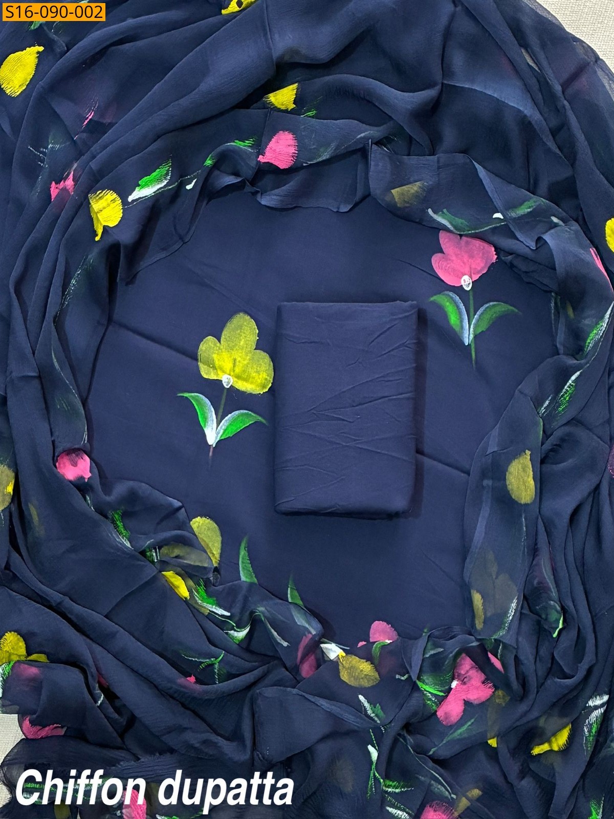 Navy Blue Cotton suit with Chiffon dupatta