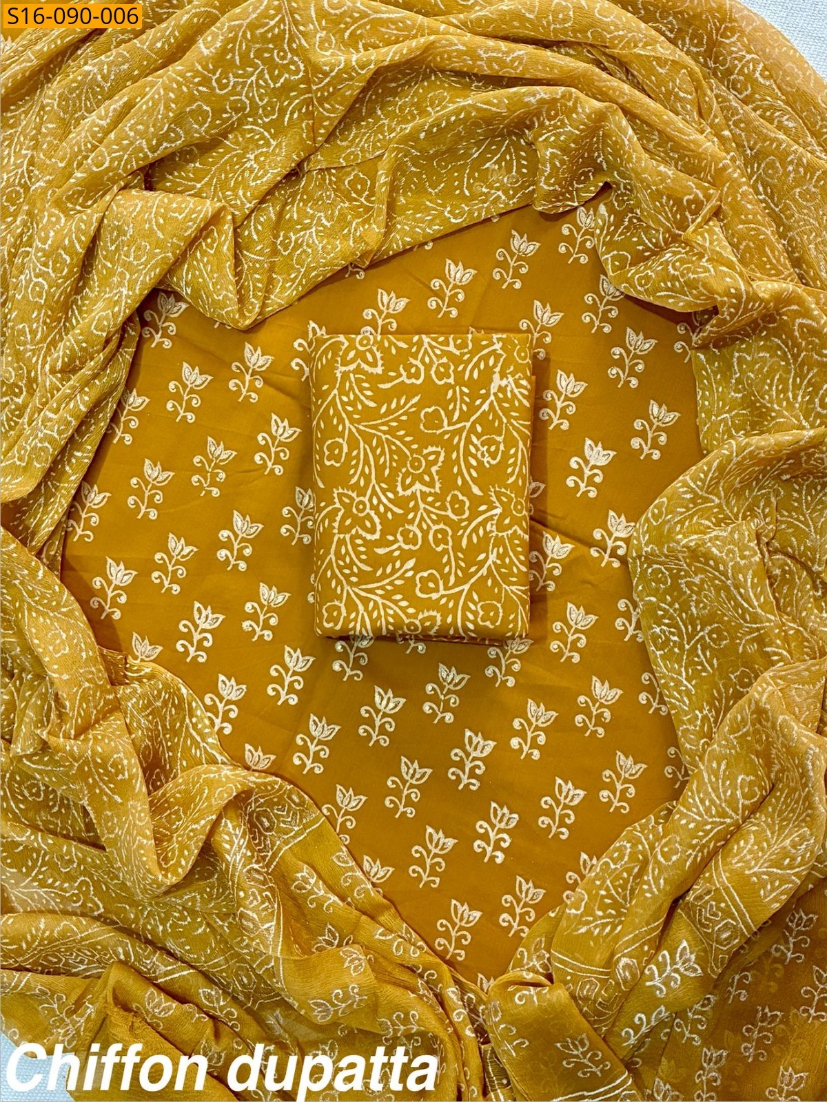 Mustard Cotton suit with Chiffon dupatta