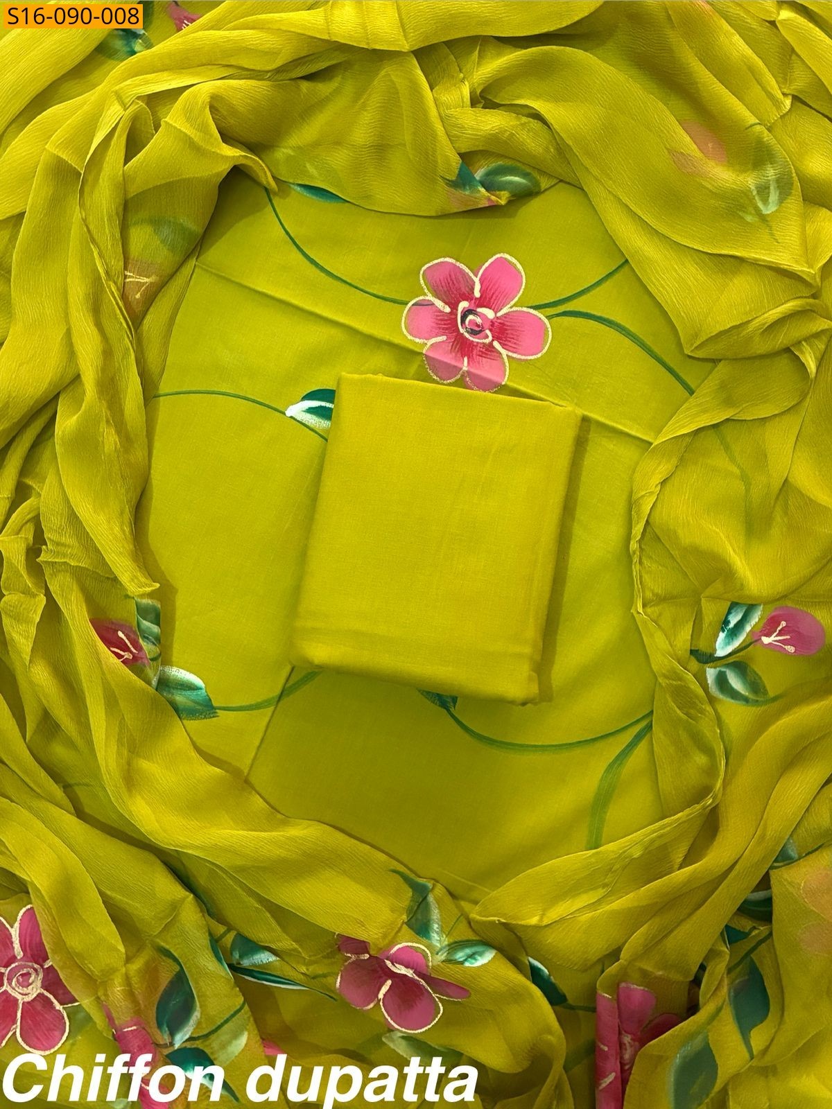 Neon Cotton suit with Chiffon dupatta