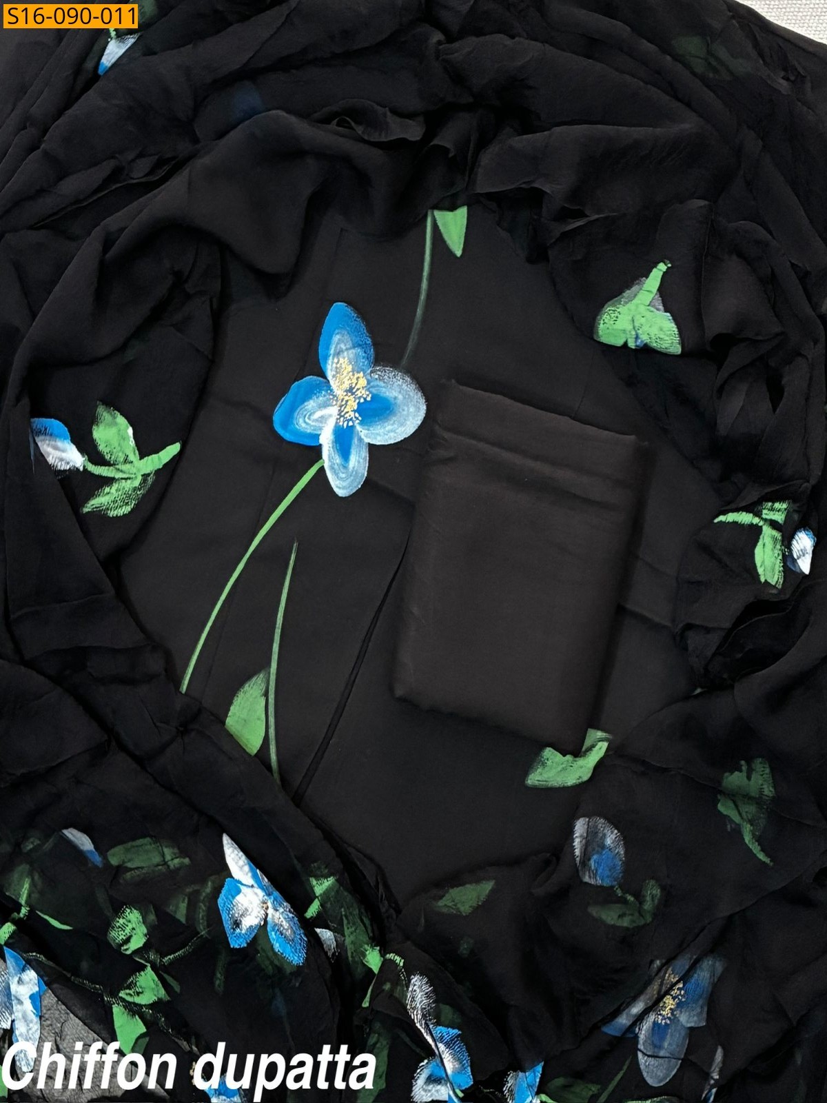 Black Cotton suit with Chiffon dupatta