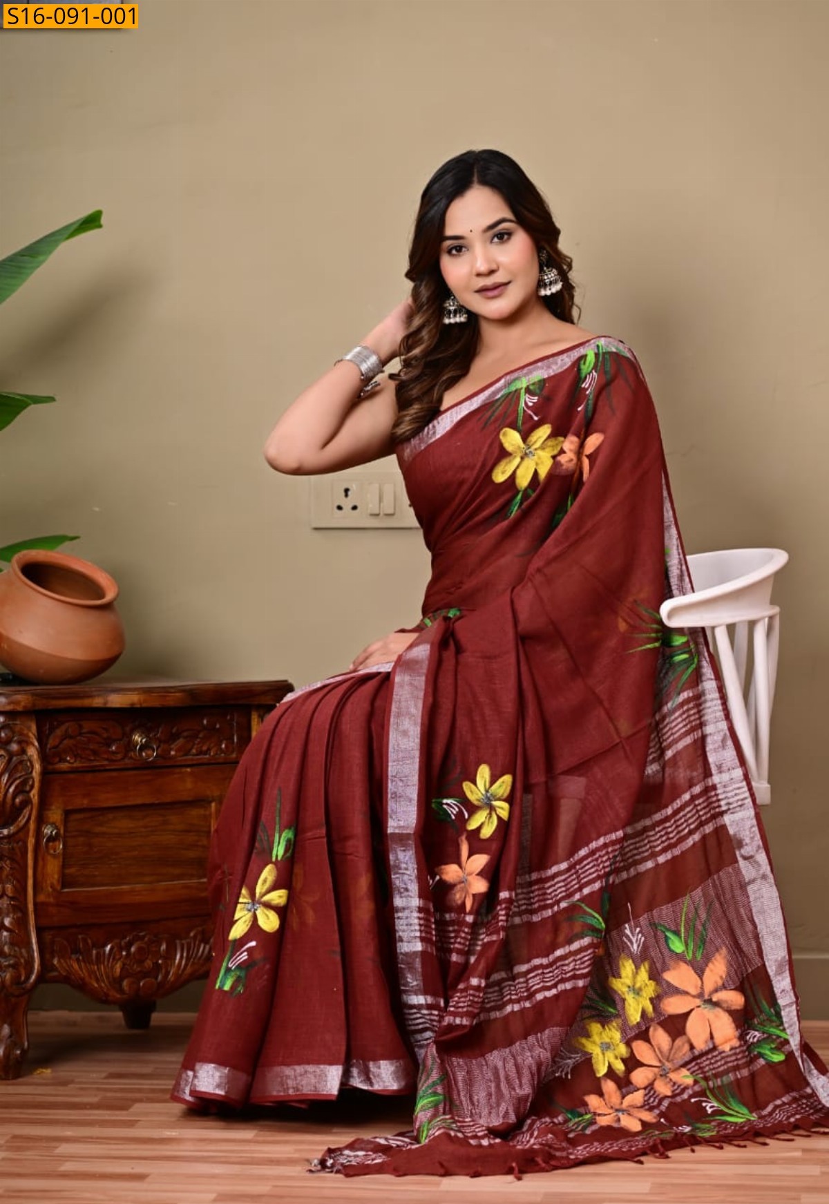 Maroon Linen Printed Saree